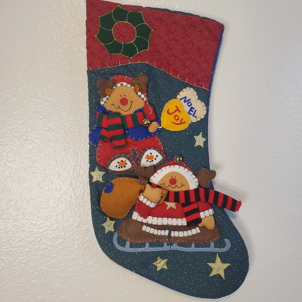 VTG Reindeer Patchwork Applique Christmas Stocking Noel Joy 19" Long Excellent